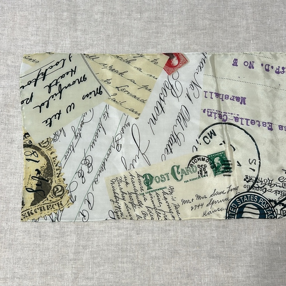 100% silk scarf with mail, stamps, letter design. Size: 10 inch x 51 inch - Picture 3 of 5
